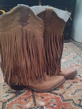 Old West Brown Leather Fringe Western Boots